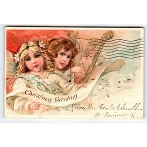 Christmas Greetings Postcard Two Angels Cherubs Play Harp Clouds Antique Vintage